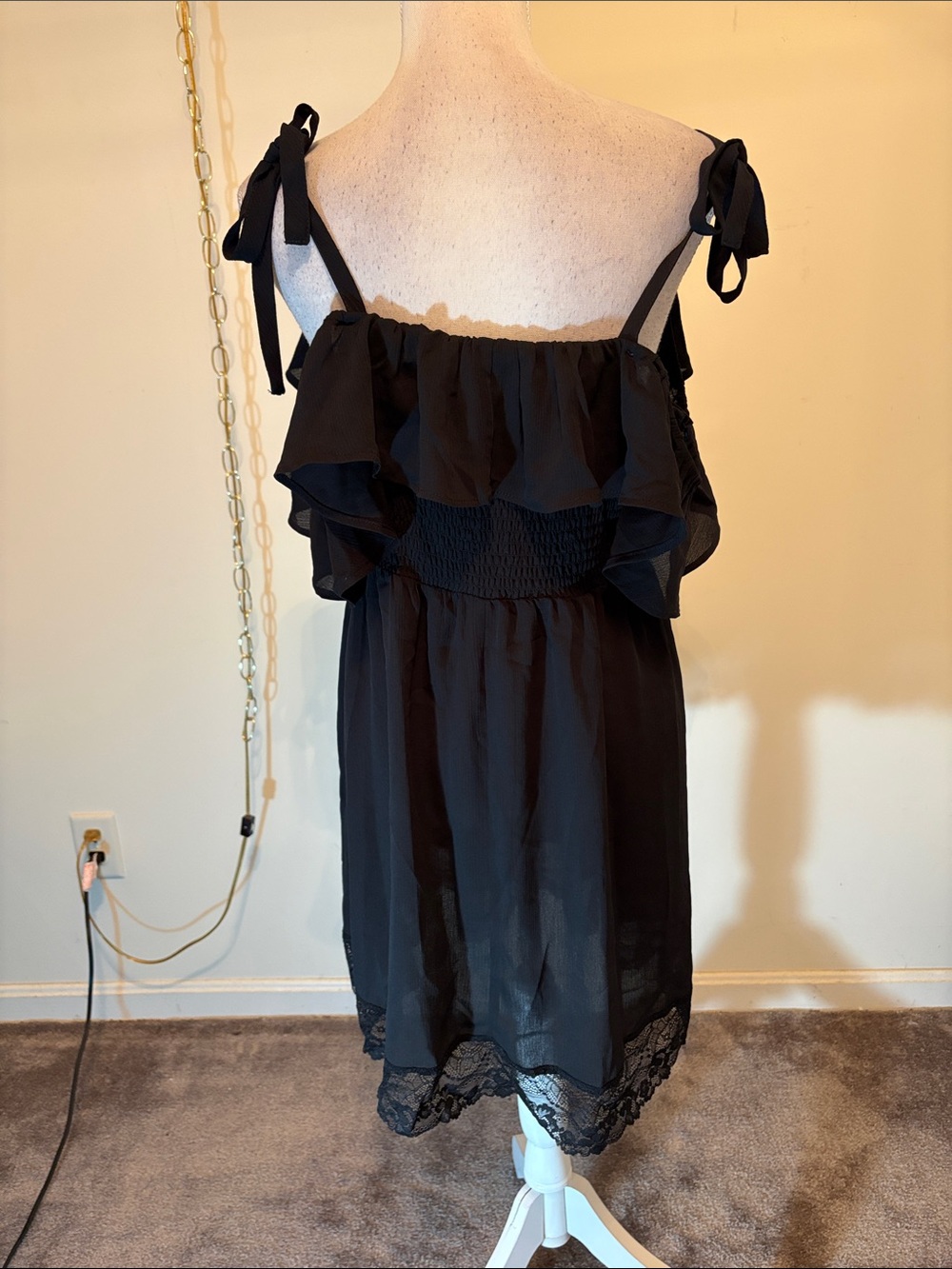 Torrid black smocked cold shoulder mini ruffle lace trim coverup dress - Picture 9 of 11